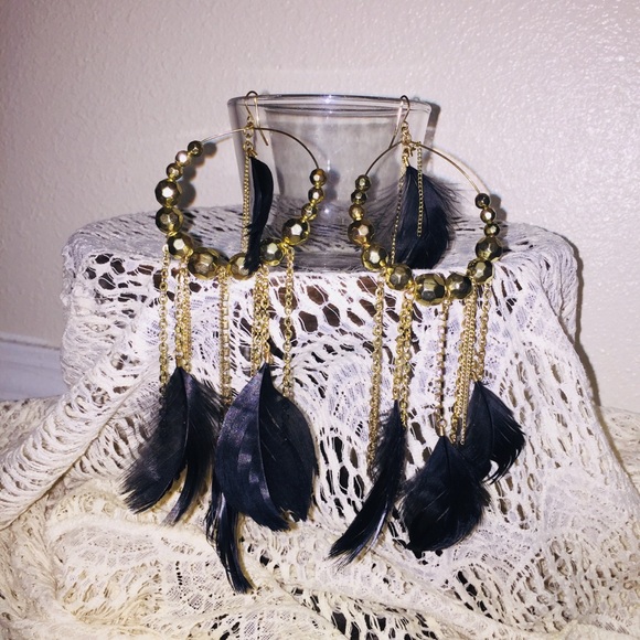 Feather and Gold Hoops - Picture 1 of 2